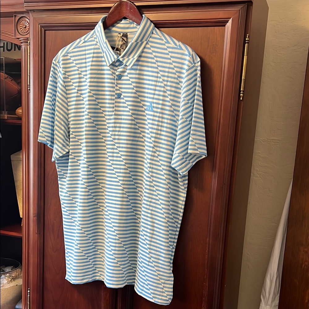 Brand New Adidas Blue & White Striped Mesh Print Stretch Tennis 🎾 Golf ⛳️ Polo! - Picture 6 of 12
